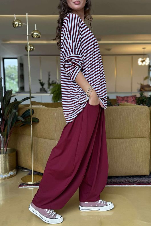 Made in Italy Perfect Breton V Long Sleeve Top Burgundy - **